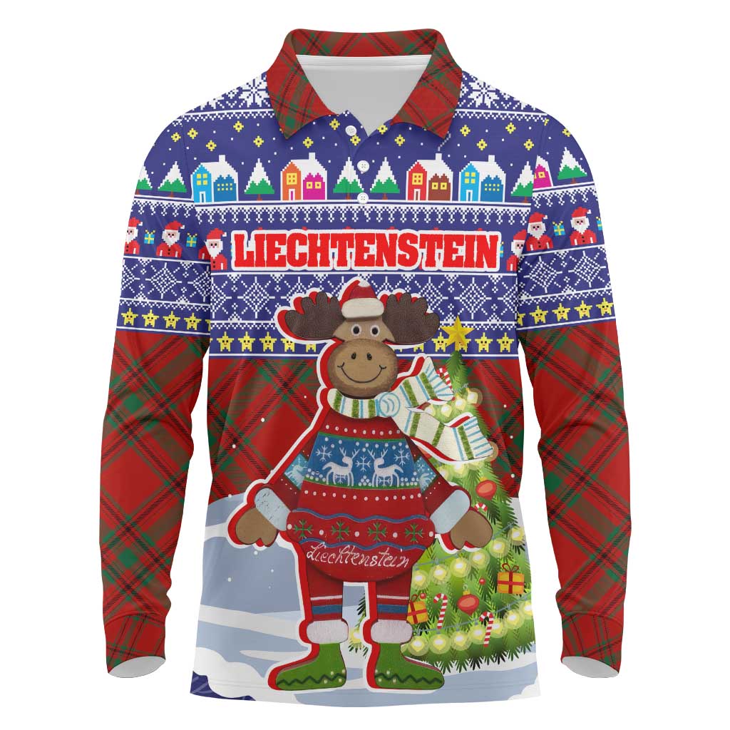 Liechtenstein Christmas Long Sleeve Polo Shirt with Reindeer Character Holiday Village and Plaid Sleeves - Wonder Print Shop
