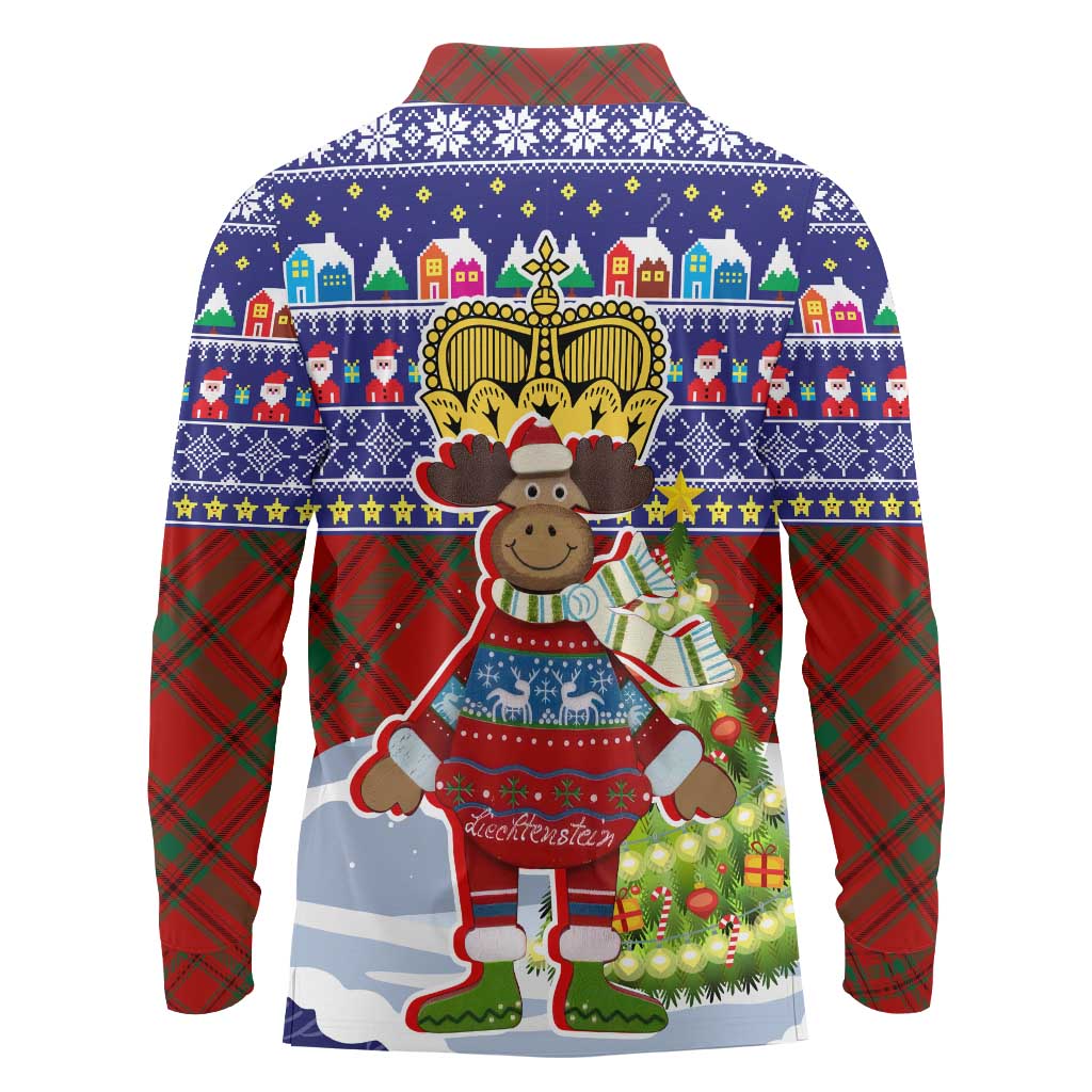 Liechtenstein Christmas Long Sleeve Polo Shirt with Reindeer Character Holiday Village and Plaid Sleeves - Wonder Print Shop