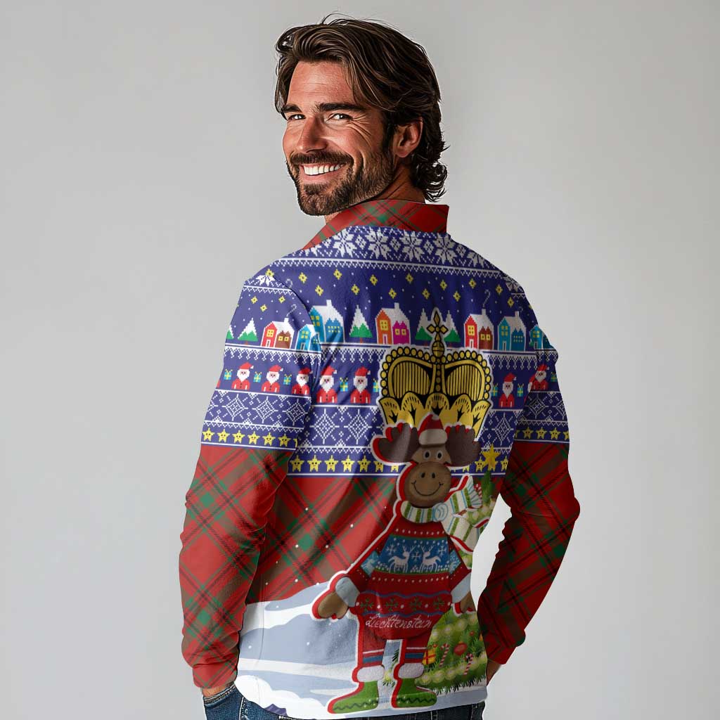 Liechtenstein Christmas Long Sleeve Polo Shirt with Reindeer Character Holiday Village and Plaid Sleeves - Wonder Print Shop
