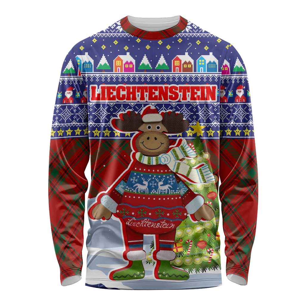 Liechtenstein Christmas Long Sleeve Shirt with Reindeer Character Holiday Village and Plaid Sleeves - Wonder Print Shop