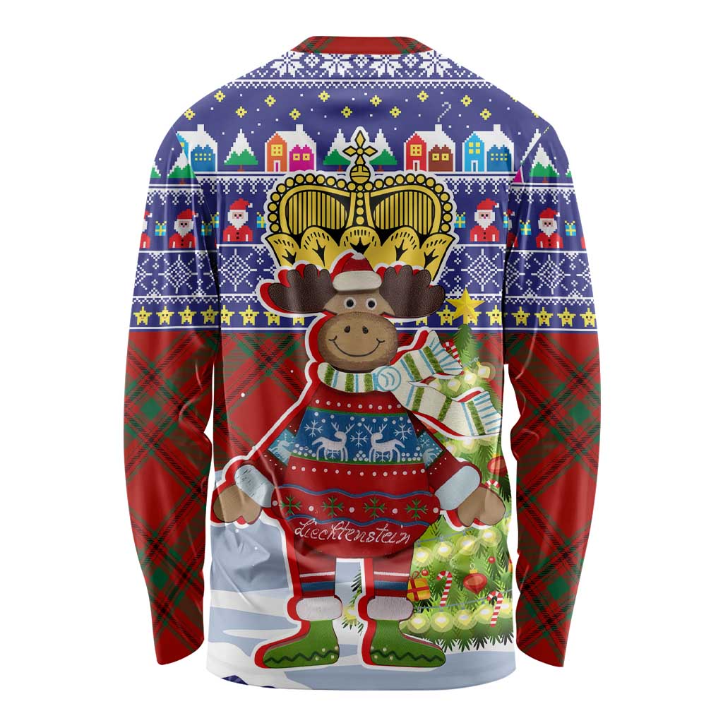 Liechtenstein Christmas Long Sleeve Shirt with Reindeer Character Holiday Village and Plaid Sleeves - Wonder Print Shop