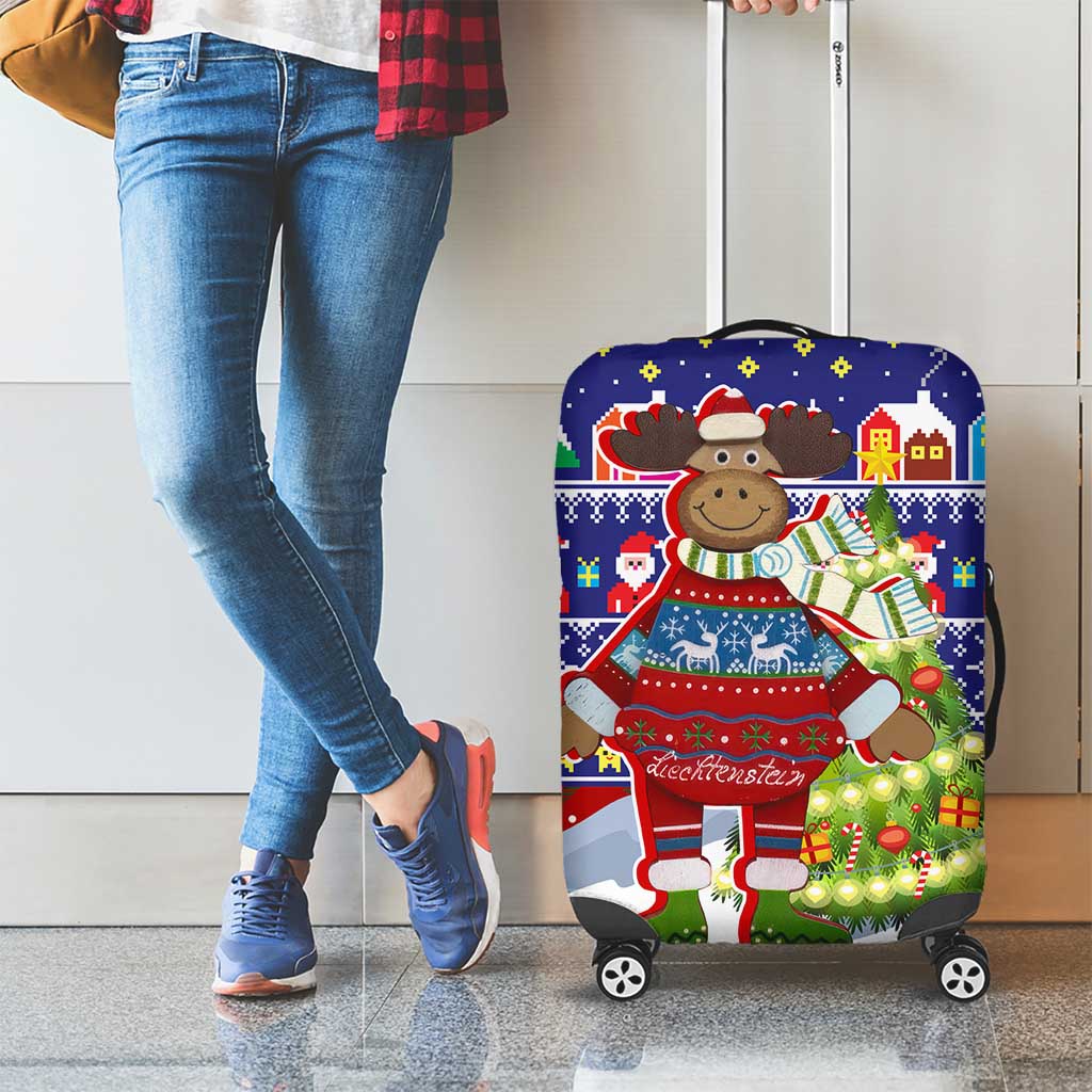 Liechtenstein Christmas Luggage Cover with Reindeer Character Holiday Village and Plaid Sleeves - Wonder Print Shop