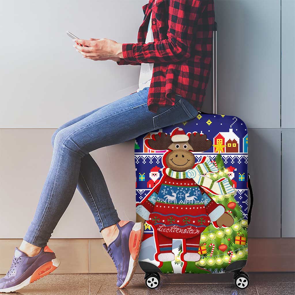 Liechtenstein Christmas Luggage Cover with Reindeer Character Holiday Village and Plaid Sleeves - Wonder Print Shop