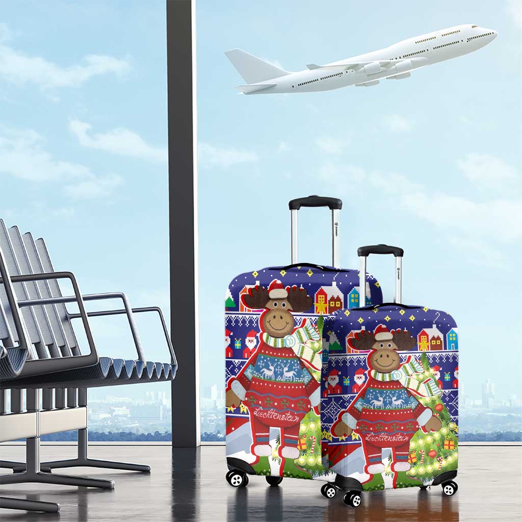 Liechtenstein Christmas Luggage Cover with Reindeer Character Holiday Village and Plaid Sleeves - Wonder Print Shop