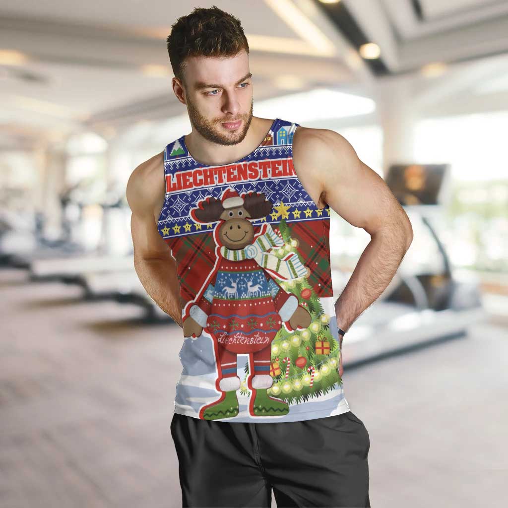 Liechtenstein Christmas Men Tank Top with Reindeer Character Holiday Village and Plaid Sleeves - Wonder Print Shop