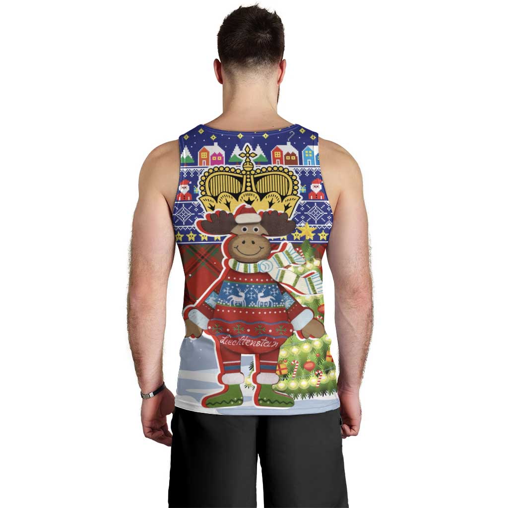 Liechtenstein Christmas Men Tank Top with Reindeer Character Holiday Village and Plaid Sleeves - Wonder Print Shop