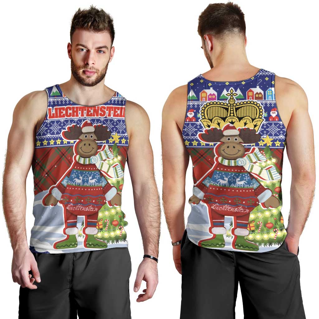 Liechtenstein Christmas Men Tank Top with Reindeer Character Holiday Village and Plaid Sleeves - Wonder Print Shop