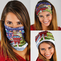 Liechtenstein Christmas Neck Gaiter with Reindeer Character Holiday Village and Plaid Sleeves - Wonder Print Shop