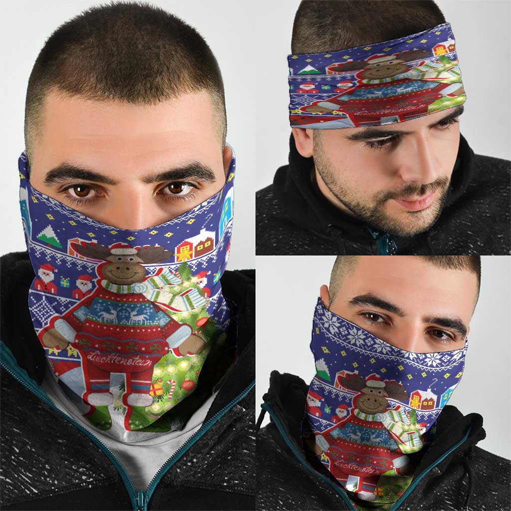 Liechtenstein Christmas Neck Gaiter with Reindeer Character Holiday Village and Plaid Sleeves - Wonder Print Shop
