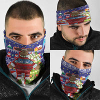 Liechtenstein Christmas Neck Gaiter with Reindeer Character Holiday Village and Plaid Sleeves - Wonder Print Shop