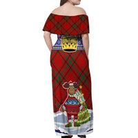 Liechtenstein Christmas Off Shoulder Maxi Dress with Reindeer Character Holiday Village and Plaid Sleeves - Wonder Print Shop