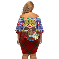 Liechtenstein Christmas Off Shoulder Short Dress with Reindeer Character Holiday Village and Plaid Sleeves - Wonder Print Shop