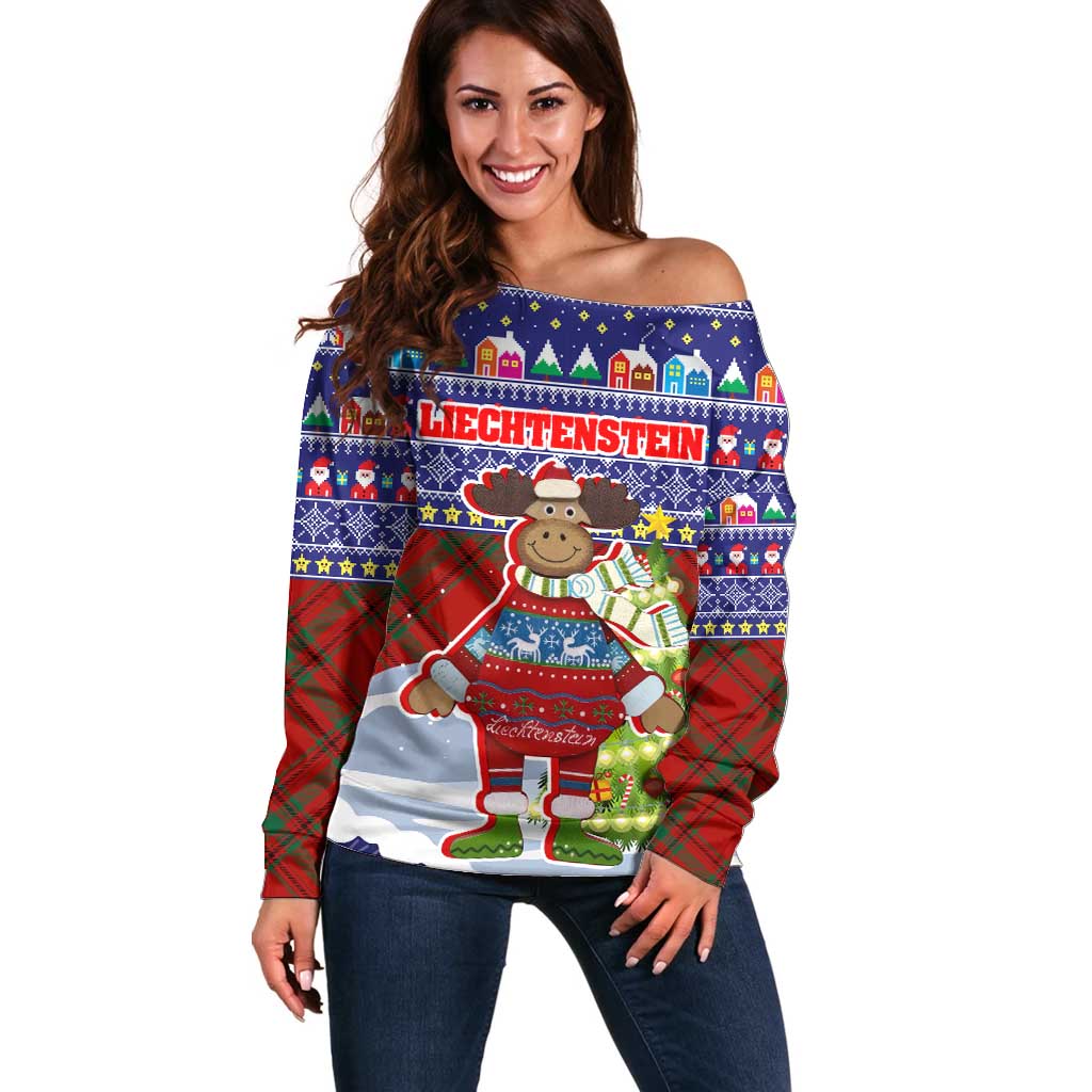 Liechtenstein Christmas Off Shoulder Sweater with Reindeer Character Holiday Village and Plaid Sleeves - Wonder Print Shop