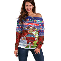 Liechtenstein Christmas Off Shoulder Sweater with Reindeer Character Holiday Village and Plaid Sleeves - Wonder Print Shop