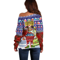 Liechtenstein Christmas Off Shoulder Sweater with Reindeer Character Holiday Village and Plaid Sleeves - Wonder Print Shop