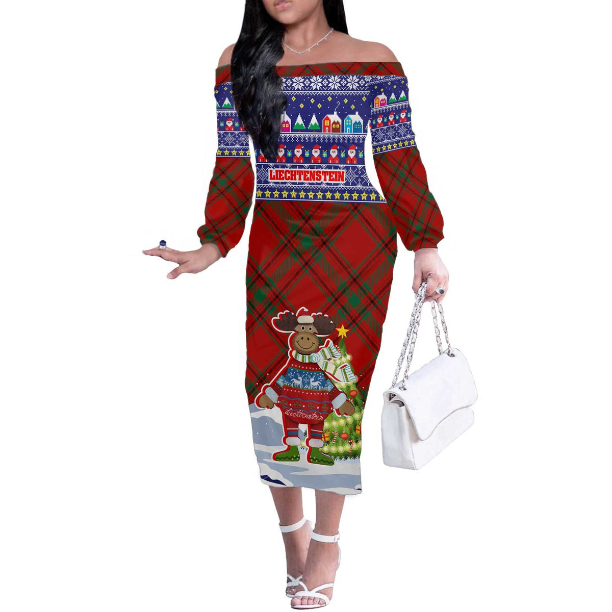 Liechtenstein Christmas Off The Shoulder Long Sleeve Dress with Reindeer Character Holiday Village and Plaid Sleeves - Wonder Print Shop