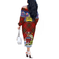 Liechtenstein Christmas Off The Shoulder Long Sleeve Dress with Reindeer Character Holiday Village and Plaid Sleeves - Wonder Print Shop
