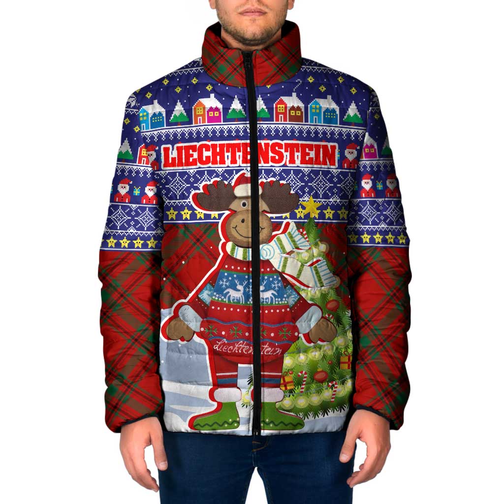 Liechtenstein Christmas Padded Jacket with Reindeer Character Holiday Village and Plaid Sleeves - Wonder Print Shop