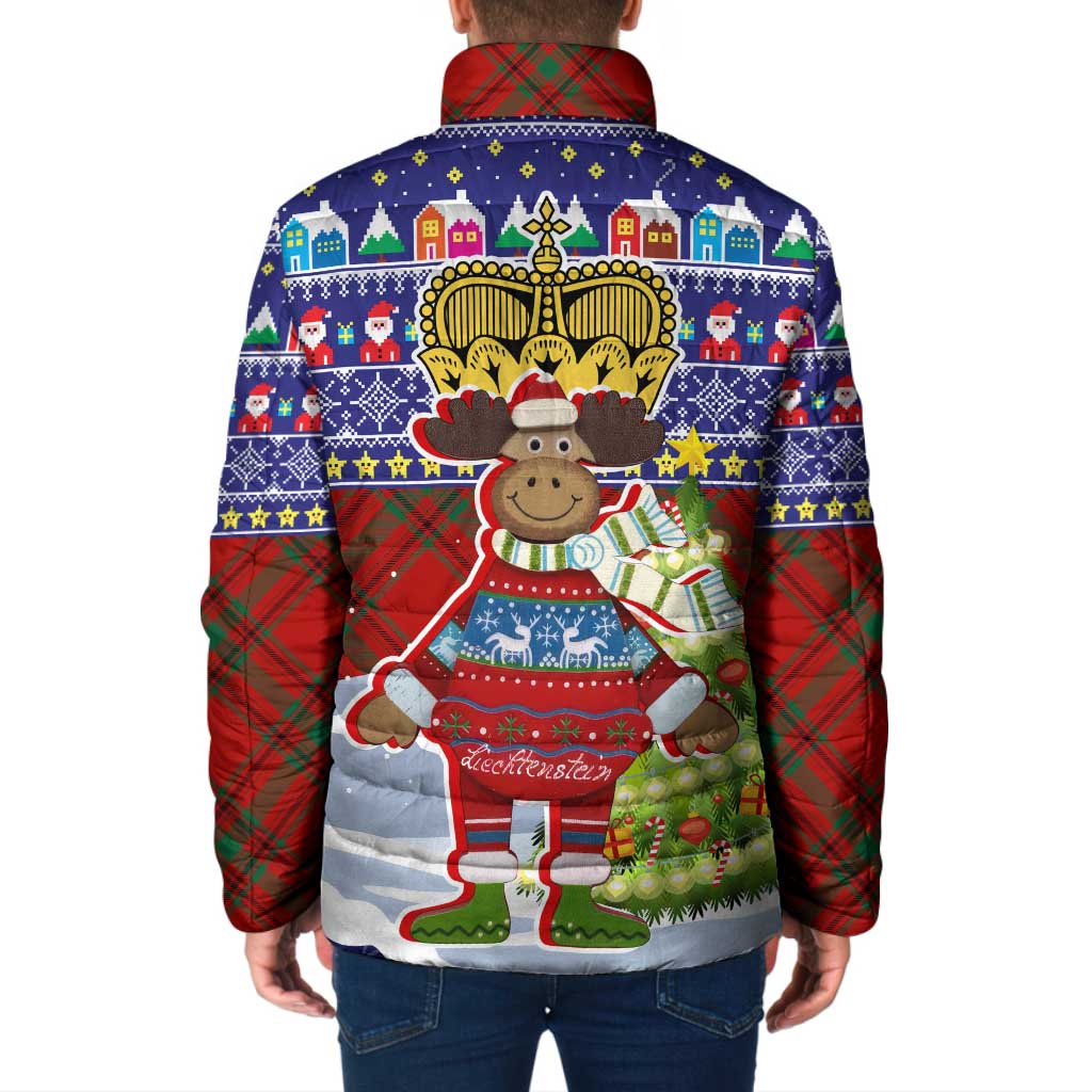 Liechtenstein Christmas Padded Jacket with Reindeer Character Holiday Village and Plaid Sleeves - Wonder Print Shop