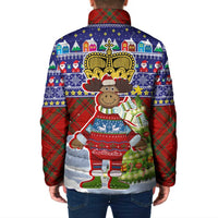 Liechtenstein Christmas Padded Jacket with Reindeer Character Holiday Village and Plaid Sleeves - Wonder Print Shop