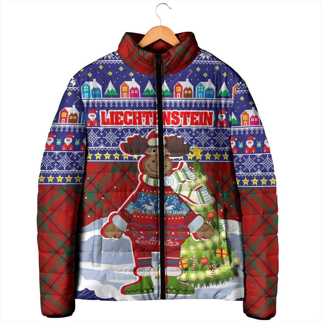 Liechtenstein Christmas Padded Jacket with Reindeer Character Holiday Village and Plaid Sleeves - Wonder Print Shop