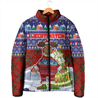 Liechtenstein Christmas Padded Jacket with Reindeer Character Holiday Village and Plaid Sleeves - Wonder Print Shop