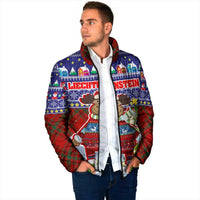Liechtenstein Christmas Padded Jacket with Reindeer Character Holiday Village and Plaid Sleeves - Wonder Print Shop