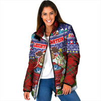 Liechtenstein Christmas Padded Jacket with Reindeer Character Holiday Village and Plaid Sleeves - Wonder Print Shop
