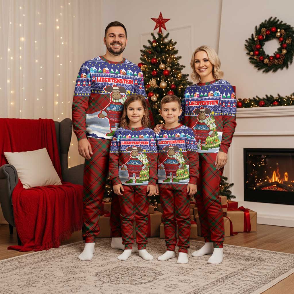 Liechtenstein Christmas Pajama Set with Reindeer Character Holiday Village and Plaid Sleeves - Wonder Print Shop