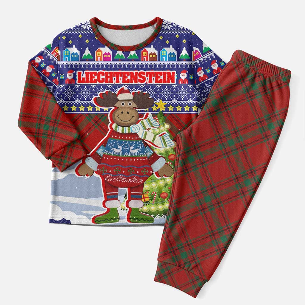 Liechtenstein Christmas Pajama Set with Reindeer Character Holiday Village and Plaid Sleeves - Wonder Print Shop