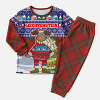 Liechtenstein Christmas Pajama Set with Reindeer Character Holiday Village and Plaid Sleeves - Wonder Print Shop