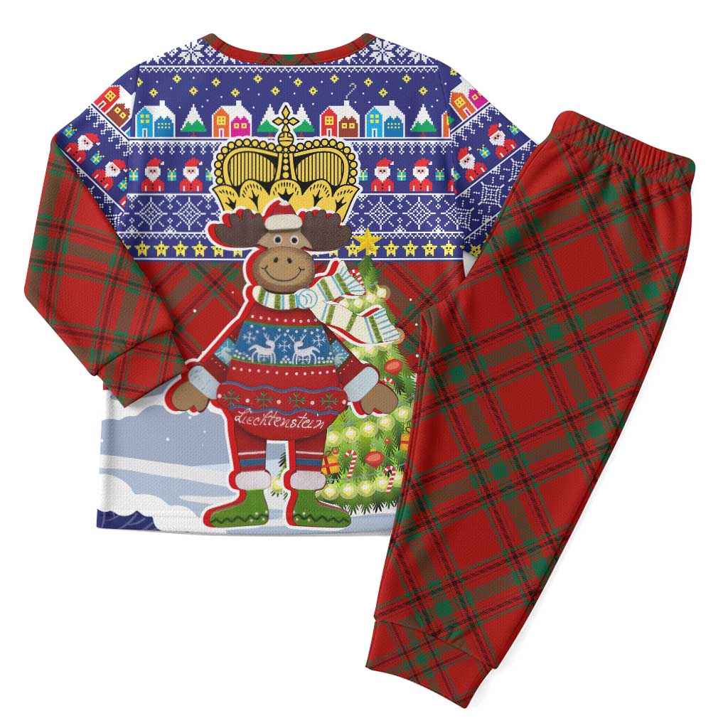 Liechtenstein Christmas Pajama Set with Reindeer Character Holiday Village and Plaid Sleeves - Wonder Print Shop