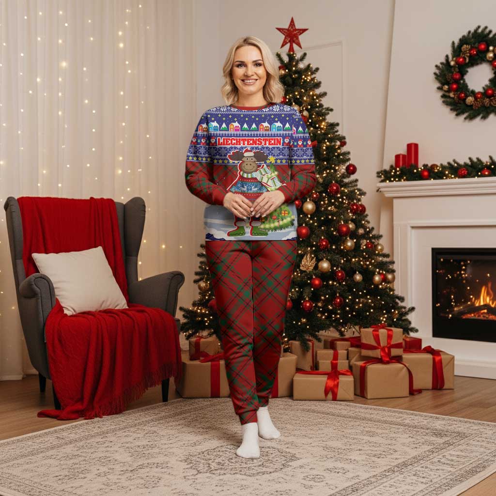 Liechtenstein Christmas Pajama Set with Reindeer Character Holiday Village and Plaid Sleeves - Wonder Print Shop