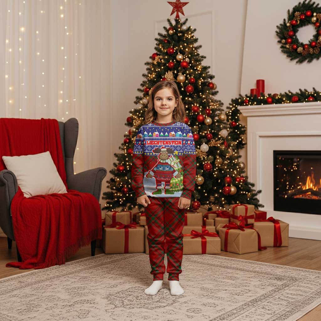Liechtenstein Christmas Pajama Set with Reindeer Character Holiday Village and Plaid Sleeves - Wonder Print Shop