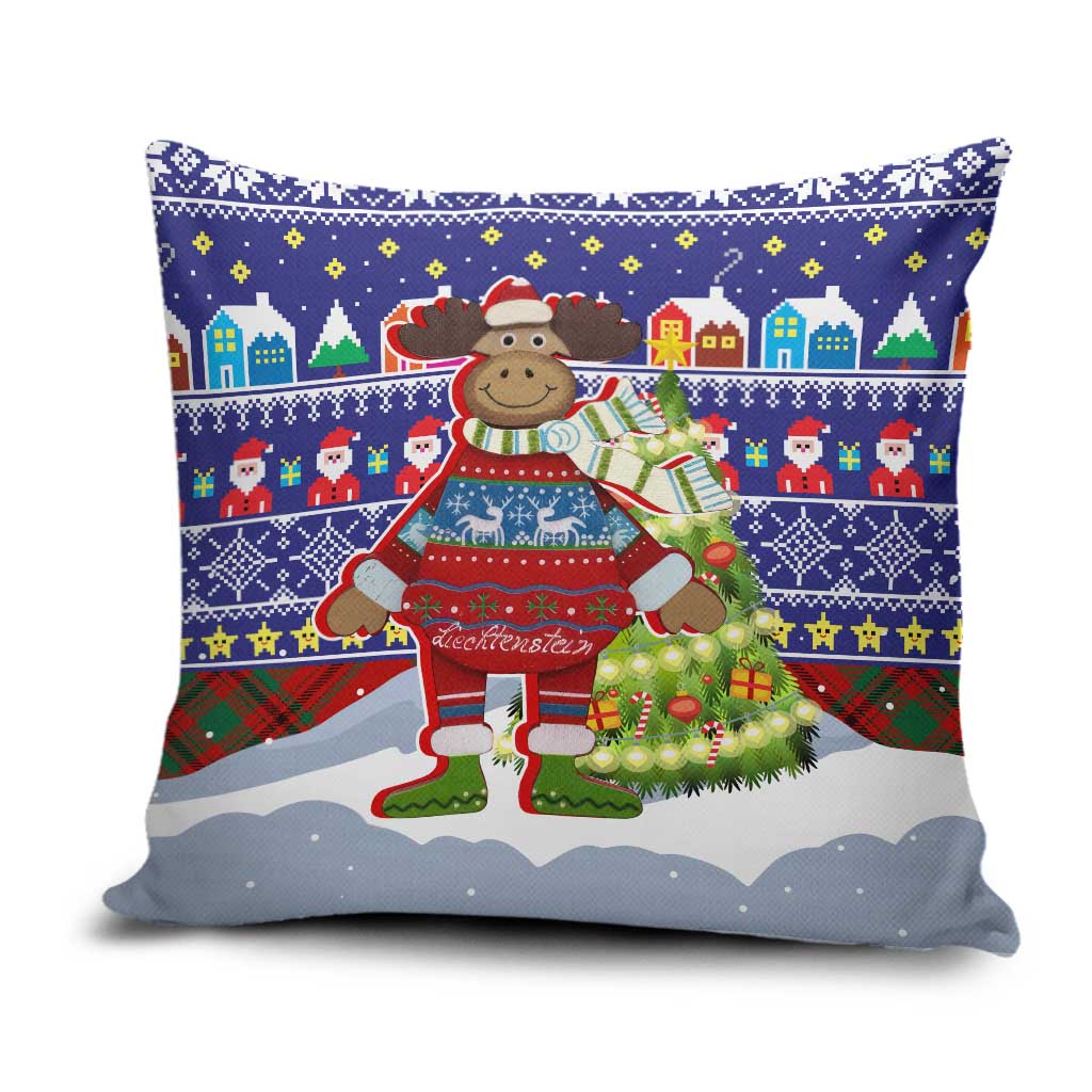 Liechtenstein Christmas Pillow Cover with Reindeer Character Holiday Village and Plaid Sleeves - Wonder Print Shop