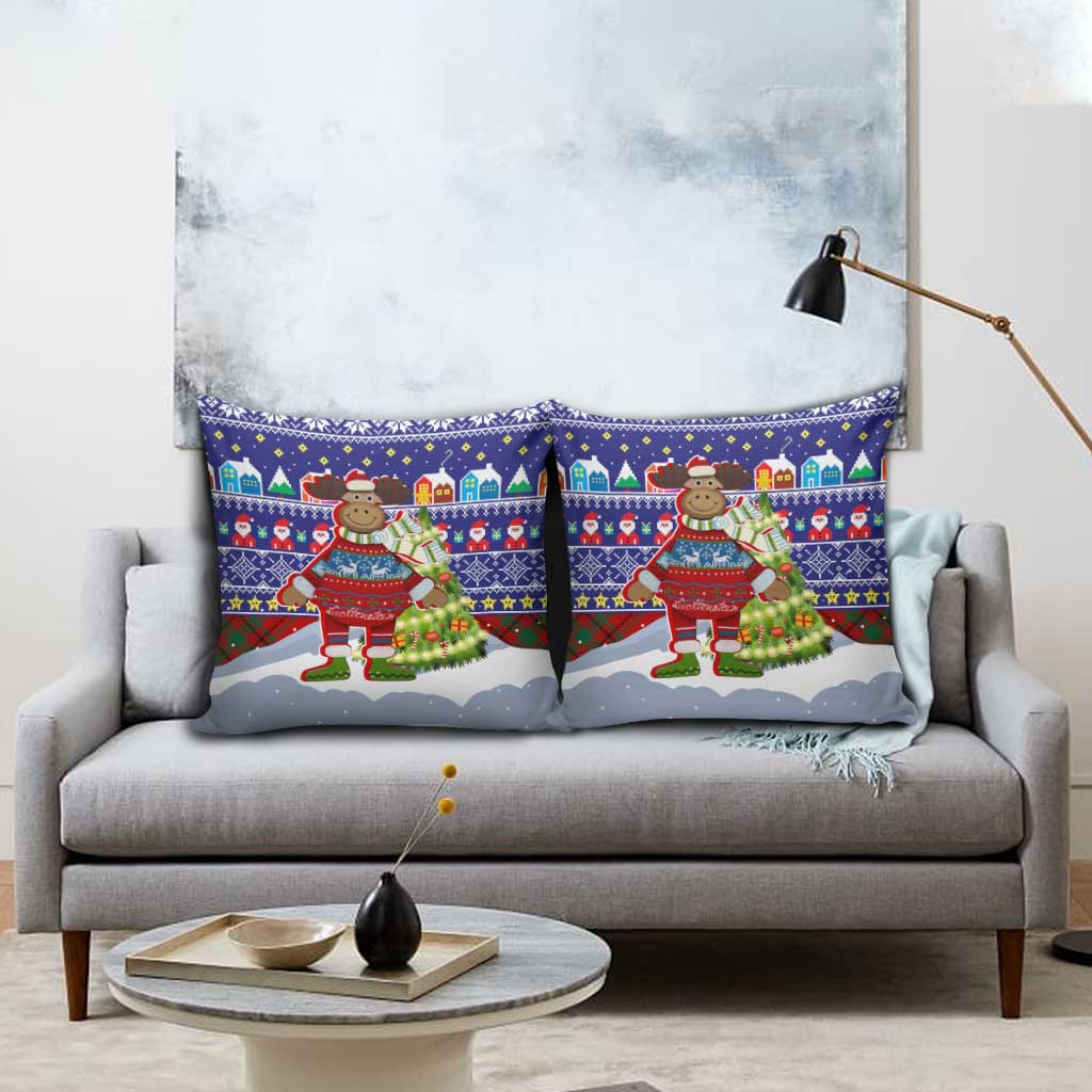 Liechtenstein Christmas Pillow Cover with Reindeer Character Holiday Village and Plaid Sleeves - Wonder Print Shop