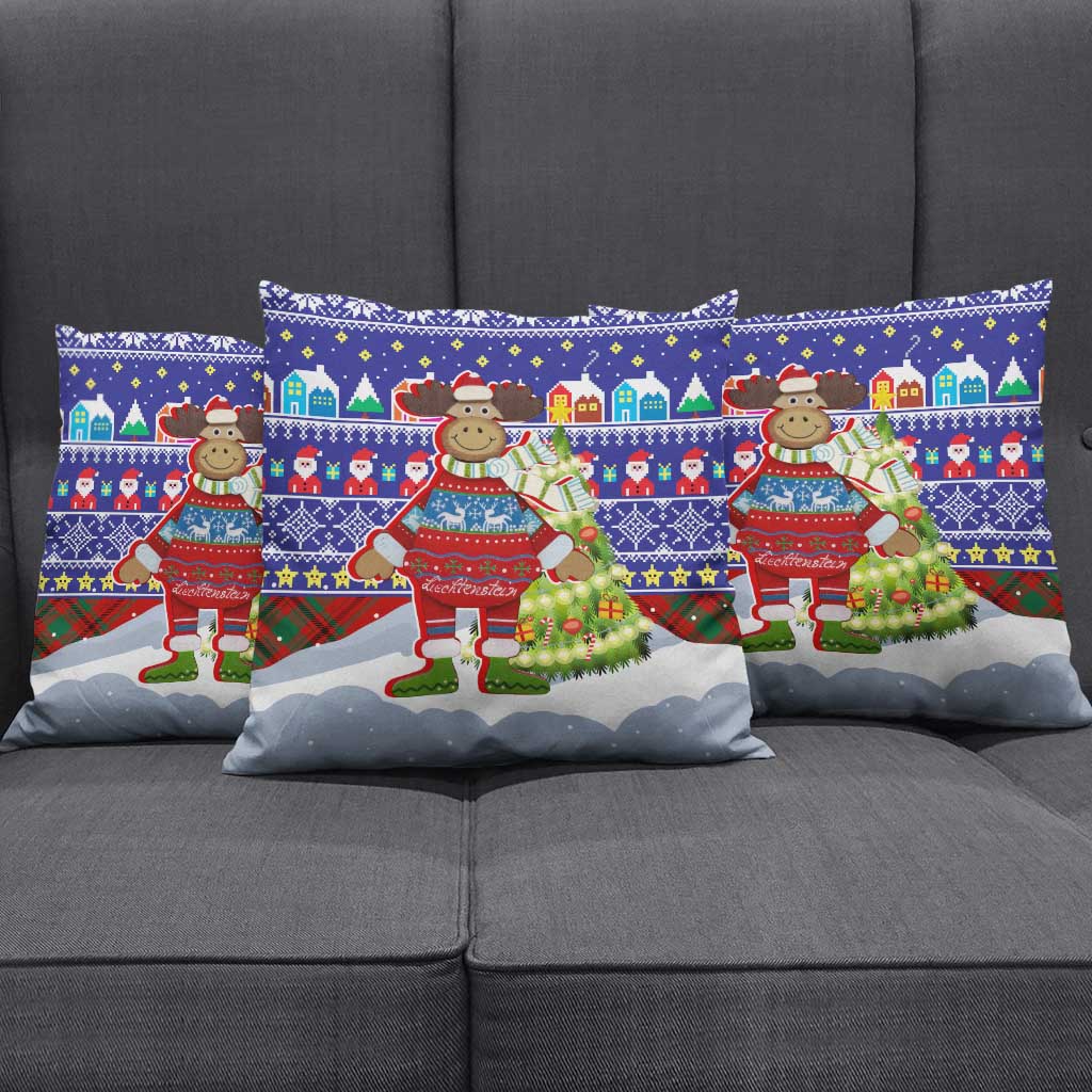 Liechtenstein Christmas Pillow Cover with Reindeer Character Holiday Village and Plaid Sleeves - Wonder Print Shop