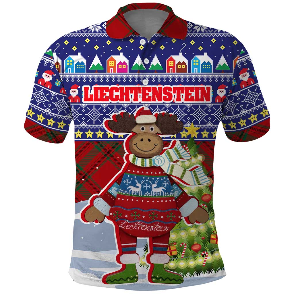 Liechtenstein Christmas Polo Shirt with Reindeer Character Holiday Village and Plaid Sleeves - Wonder Print Shop