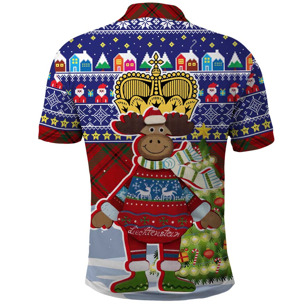 Liechtenstein Christmas Polo Shirt with Reindeer Character Holiday Village and Plaid Sleeves - Wonder Print Shop