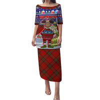 Liechtenstein Christmas Puletasi with Reindeer Character Holiday Village and Plaid Sleeves - Wonder Print Shop