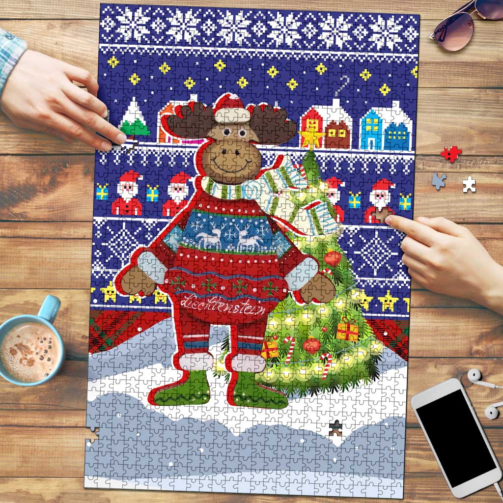 Liechtenstein Christmas Puzzle with Reindeer Character Holiday Village and Plaid Sleeves - Wonder Print Shop