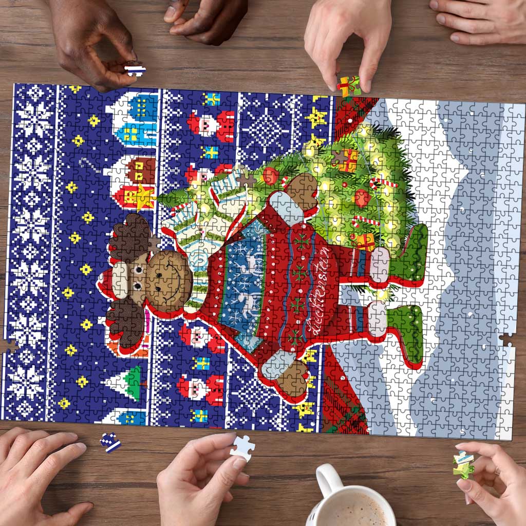 Liechtenstein Christmas Puzzle with Reindeer Character Holiday Village and Plaid Sleeves - Wonder Print Shop