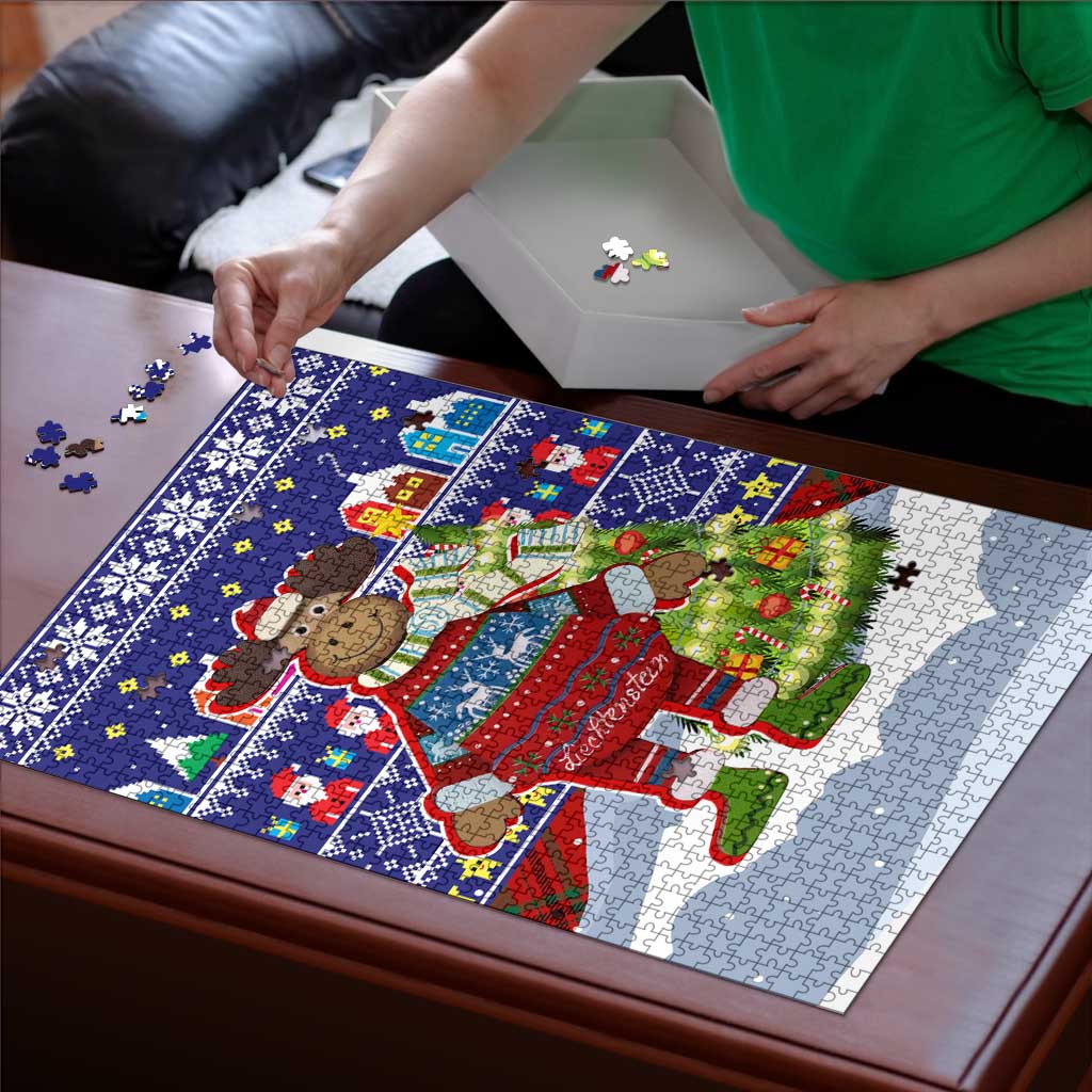 Liechtenstein Christmas Puzzle with Reindeer Character Holiday Village and Plaid Sleeves - Wonder Print Shop