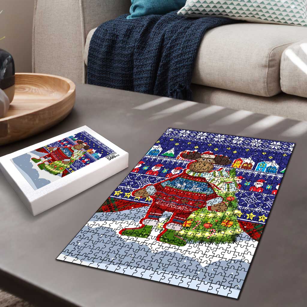 Liechtenstein Christmas Puzzle with Reindeer Character Holiday Village and Plaid Sleeves - Wonder Print Shop