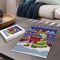 Liechtenstein Christmas Puzzle with Reindeer Character Holiday Village and Plaid Sleeves - Wonder Print Shop