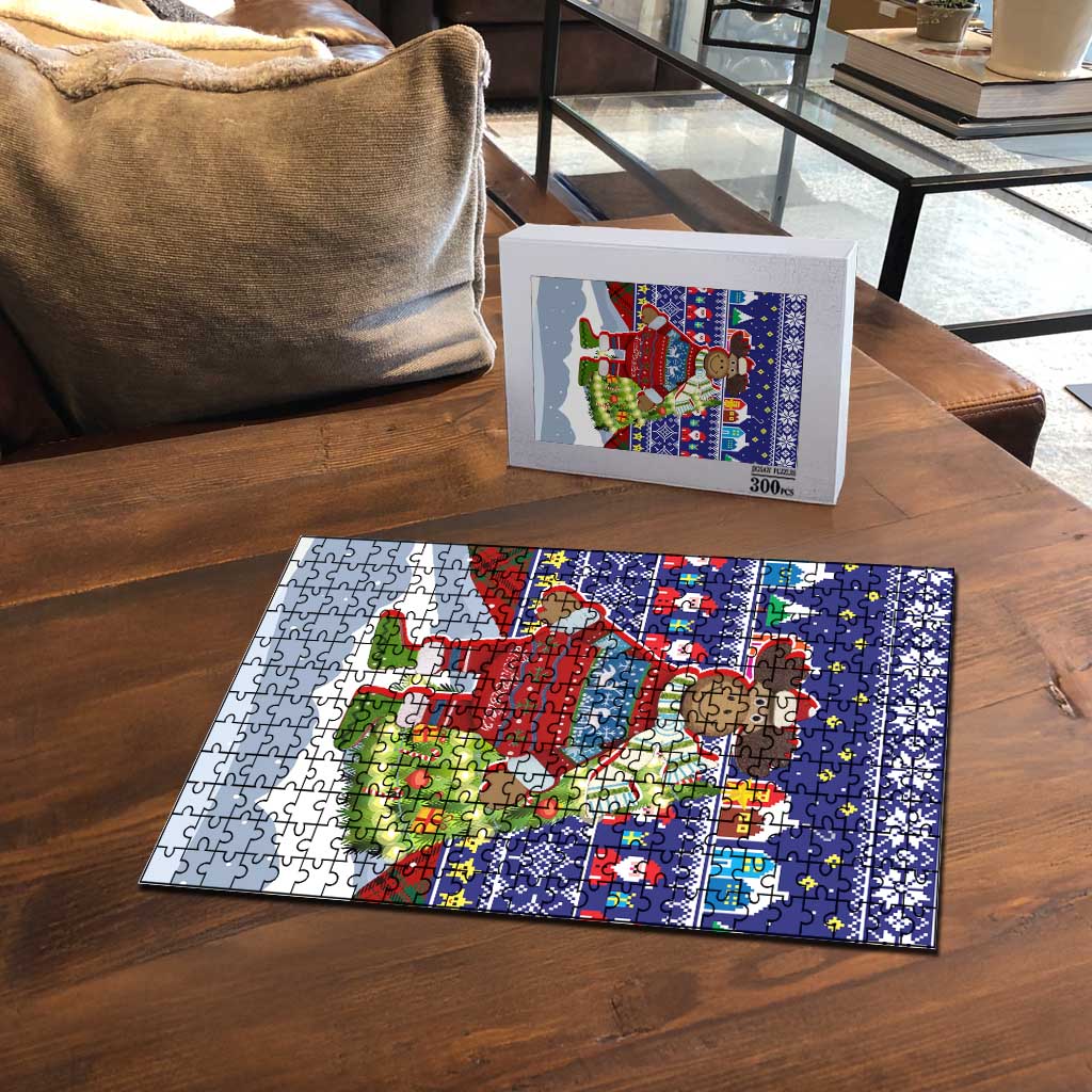 Liechtenstein Christmas Puzzle with Reindeer Character Holiday Village and Plaid Sleeves - Wonder Print Shop