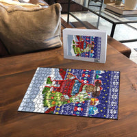 Liechtenstein Christmas Puzzle with Reindeer Character Holiday Village and Plaid Sleeves - Wonder Print Shop