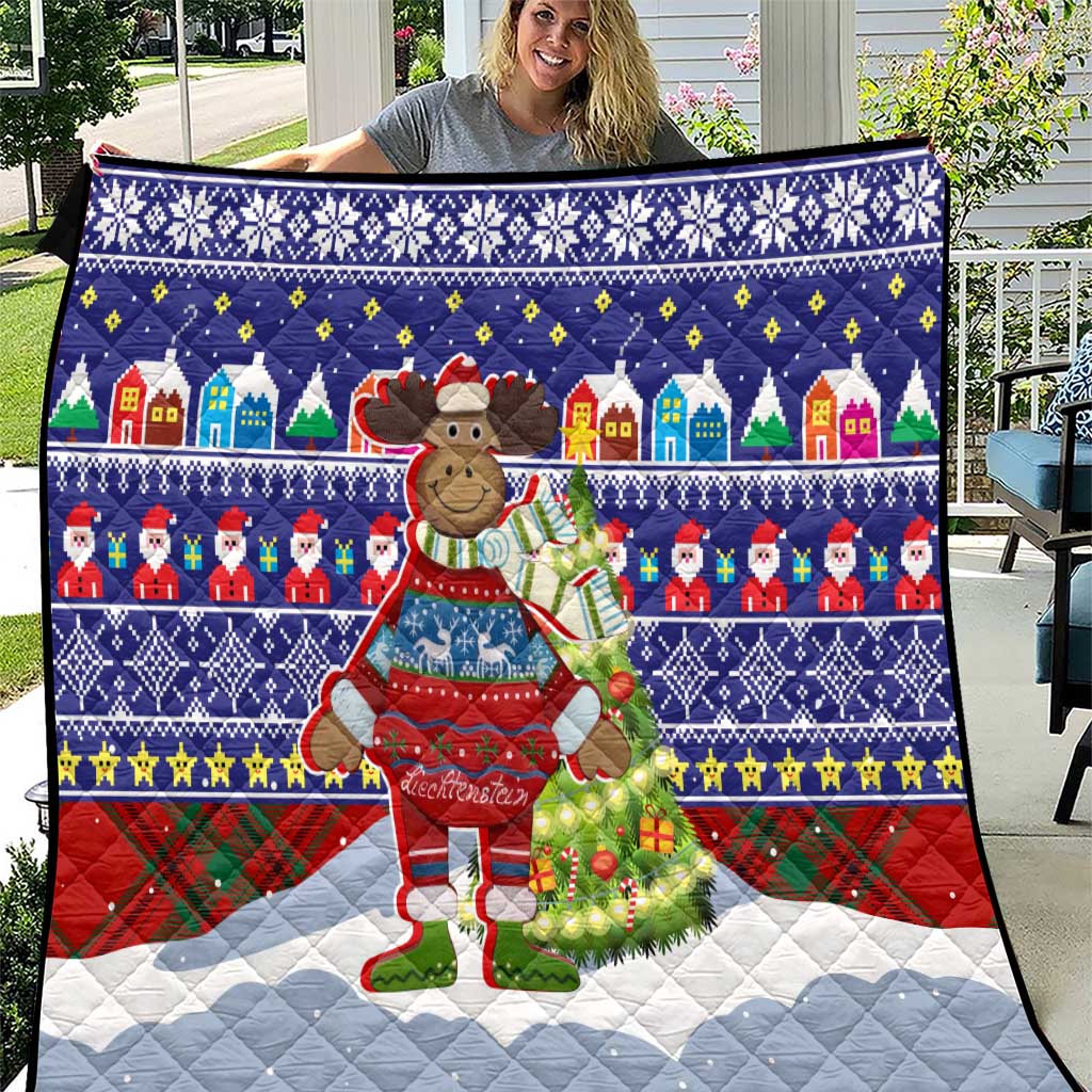 Liechtenstein Christmas Quilt with Reindeer Character Holiday Village and Plaid Sleeves - Wonder Print Shop