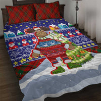 Liechtenstein Christmas Quilt Bed Set with Reindeer Character Holiday Village and Plaid Sleeves - Wonder Print Shop