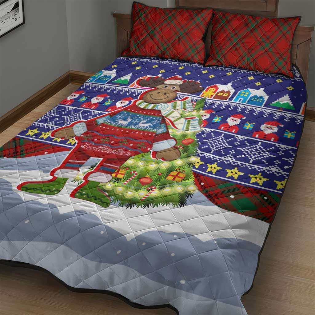 Liechtenstein Christmas Quilt Bed Set with Reindeer Character Holiday Village and Plaid Sleeves - Wonder Print Shop